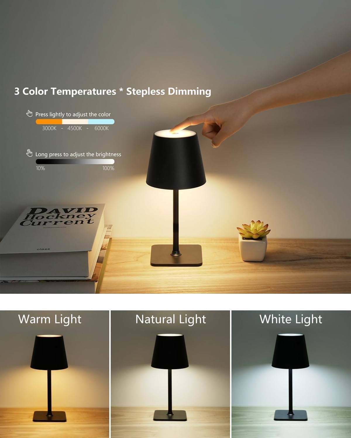 Fizrice Rechargeable Table Lamp 2 Pack Cordless Battery Operated, Black | IP65 waterproof wireless design with adjustable brightness and height feature for patio, bedroom, restaurant