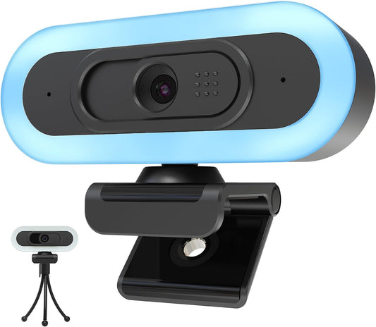 2K/60Fps Webcam, Streaming Camera with Fill RGB Lights, 1080P/60FPS Webcam, Autofocus, Dual Noise-Cancelling Microphones, Privacy Cover and Tripod for Computer, PC, Zoom