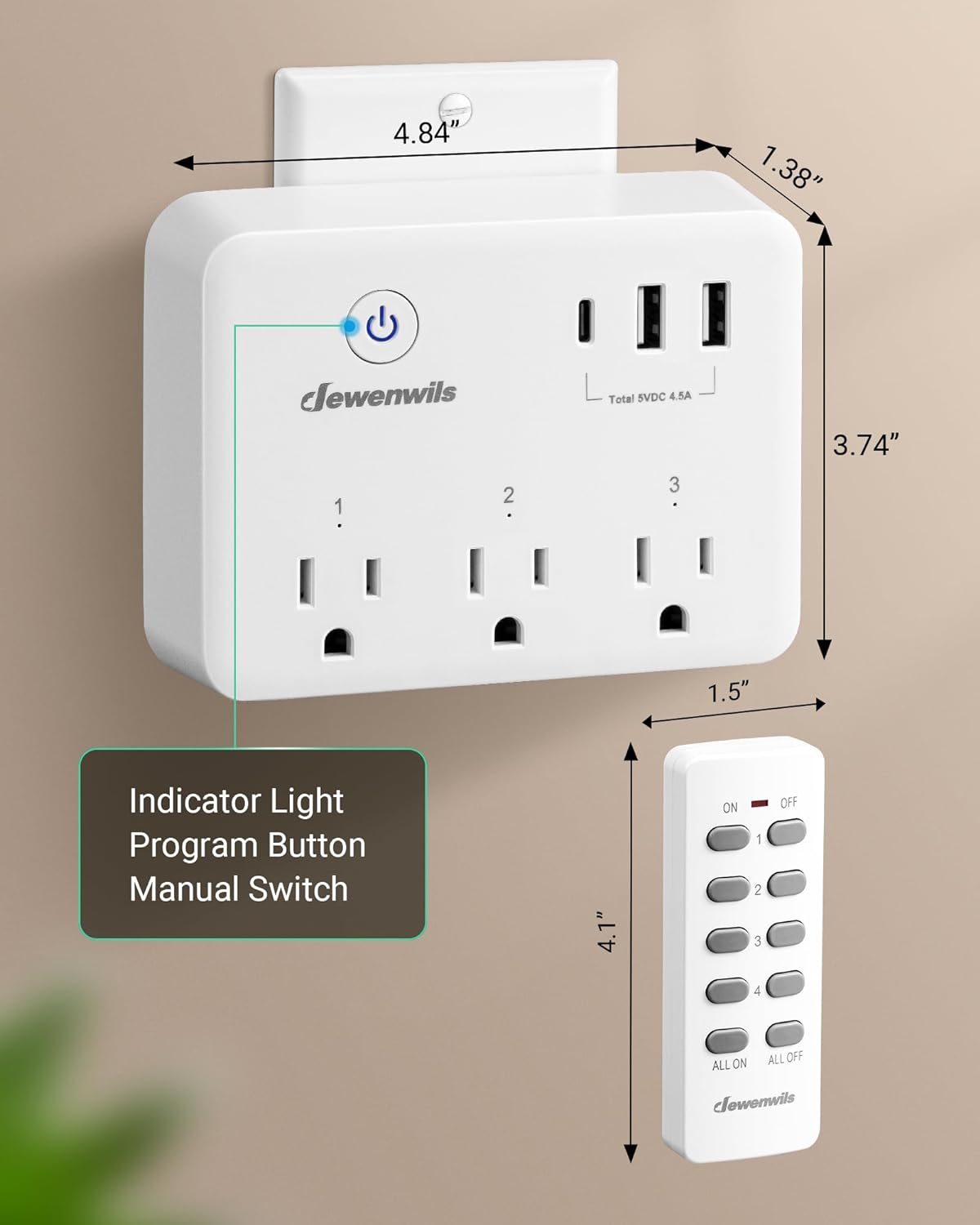 DEWENWILS Wireless Remote Control Outlet, 125V/15A/1875W Remote USB Outlet Switch, 100FT Control Range, Programmable & Expandable Indoor Remote Control Outlet for Light, Fan