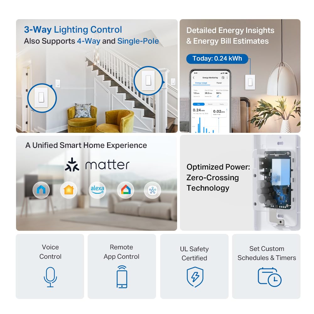 Tapo Smart Switch, S515, Single-Pole/3-Way/4-Way, Matter Compatible | Works with Alexa, Siri, Google Home, SmartThings, UL Certified, 2.4GHz Wi-Fi