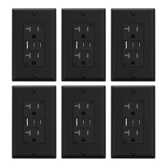 ELEGRP USB Outlets, 20 Amp Wall Outlet with 3 USB Ports, Dual USB C Ports Outlets, TR Tamper-Resistant USB Outlets Receptacles, Wall Plate Included, UL/CUL Listed, 6 Pack, Black