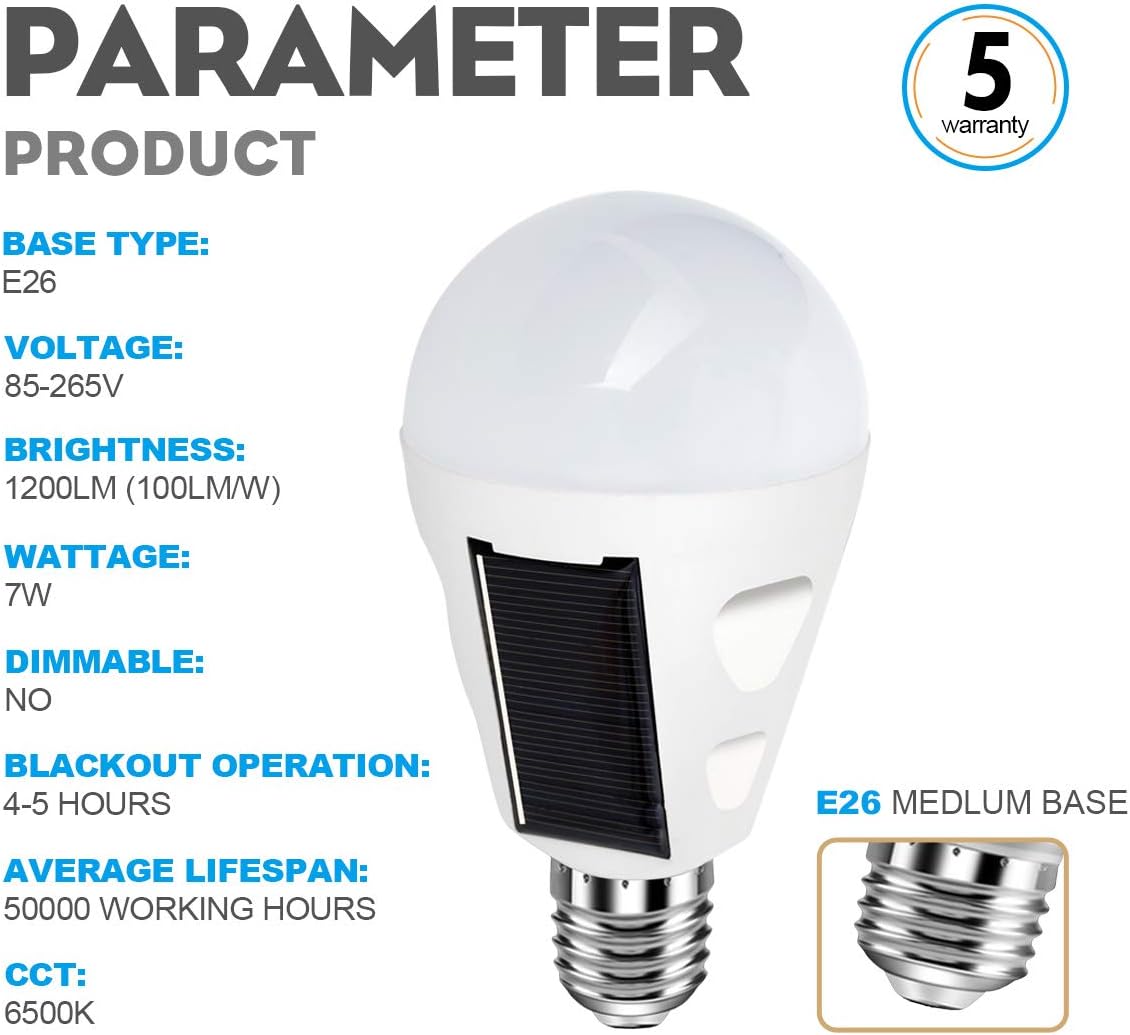4 Pack LED Solar Emergency Light Bulbs for Home Power Failure, E26/E27 7W Rechargeable Battery Backup Bulb, Hurricane Supplies for Home, White Daylight 6000k Outdoor Hiking Camping Light