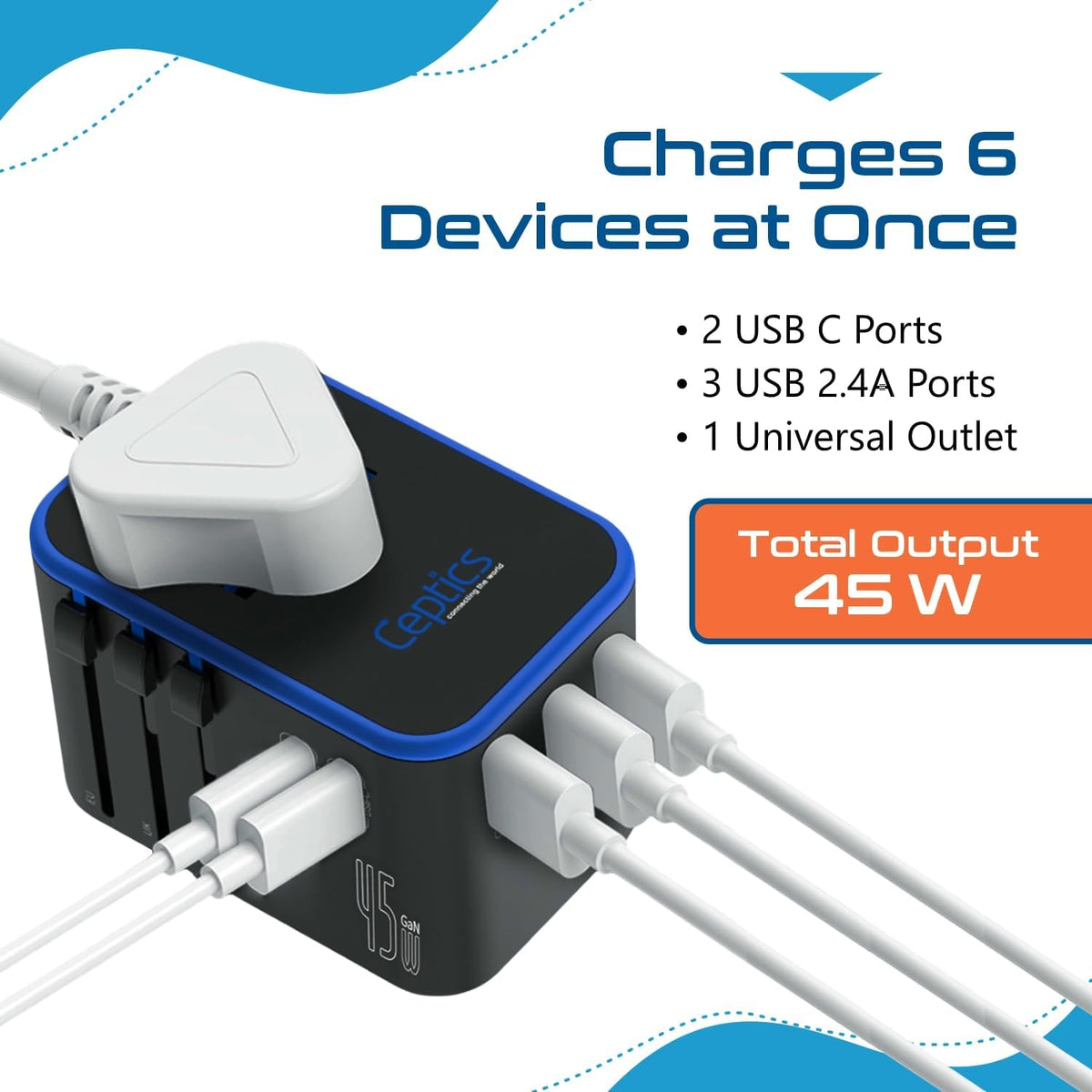 Ceptics Universal Travel Adapter, 45W International Power Adapter with PD & QC 3.0 Dual USB-C, 3 USB Travel Adapter Worldwide, Type I C G A Outlets - EU Euro US UK (11-KU)