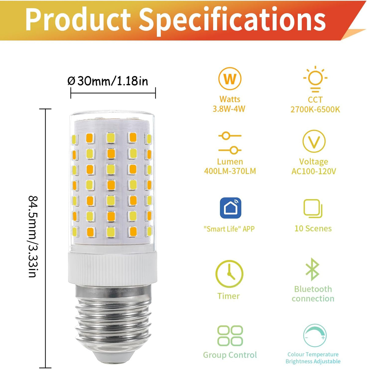 I-SHUNFA Smart E26 LED Bulbs with App Control, Dimmable Bluetooth Bulb, AC 120V, Tunable White 2700K-6500K, 1%-100% Brightness, 7W 700LM, Music Sync, Timer Function (2 Pack Bulbs Only)