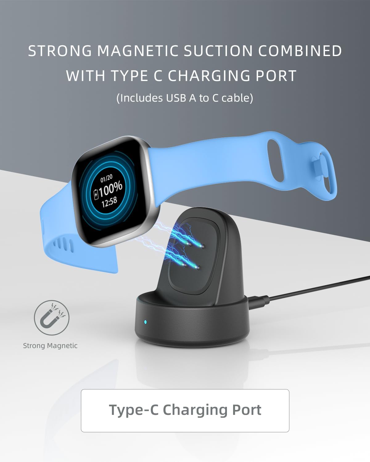 Charger Dock for Fitbit Sense/Sense 2/Versa 3/Versa 4, Magnetic Watch Charger Stand with USB-C Cable, Accessories for Fitbit Smartwatches, Black