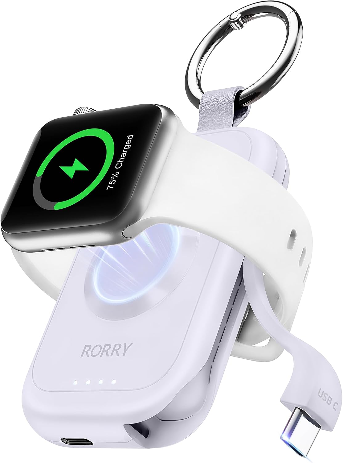 RORRY CharmGo for Apple Watch Charger, 2500mAh Portable Charger for iWatch | Fast Charging Travel Keychain Charger with Built-in USB C Cable for Apple Watch Ultra Ultra Series 11 10 9 8 7 6 3 2