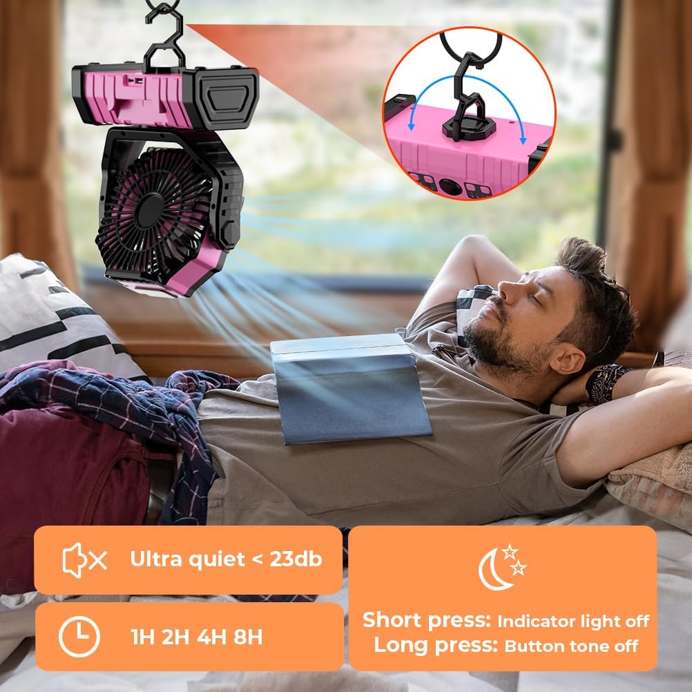 Camping Fan - 20000mAh Battery Powered Fan Rechargeable with LED Lantern - Portable Outdoor Tent Fans with Hanging Hook 4 Speeds Wind Remote Control, Pink