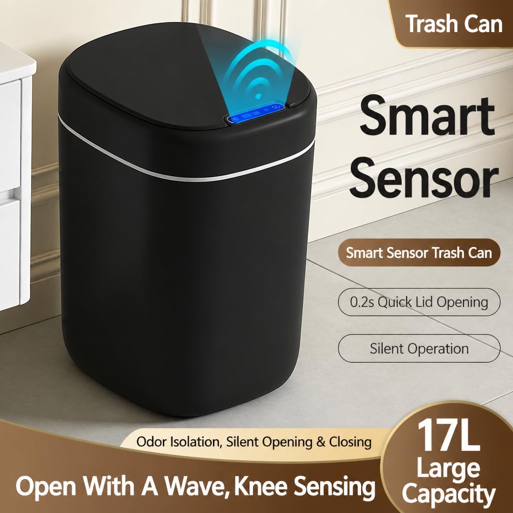Smart Motion Sensor Trash Can, 17L (4.5 Gallon) 3 Induction Modes, Sealed Lid with Odor Control, Touch Control Function, Durable & Easy to Clean Waste Bin for Bathroom, Office，Light Gray