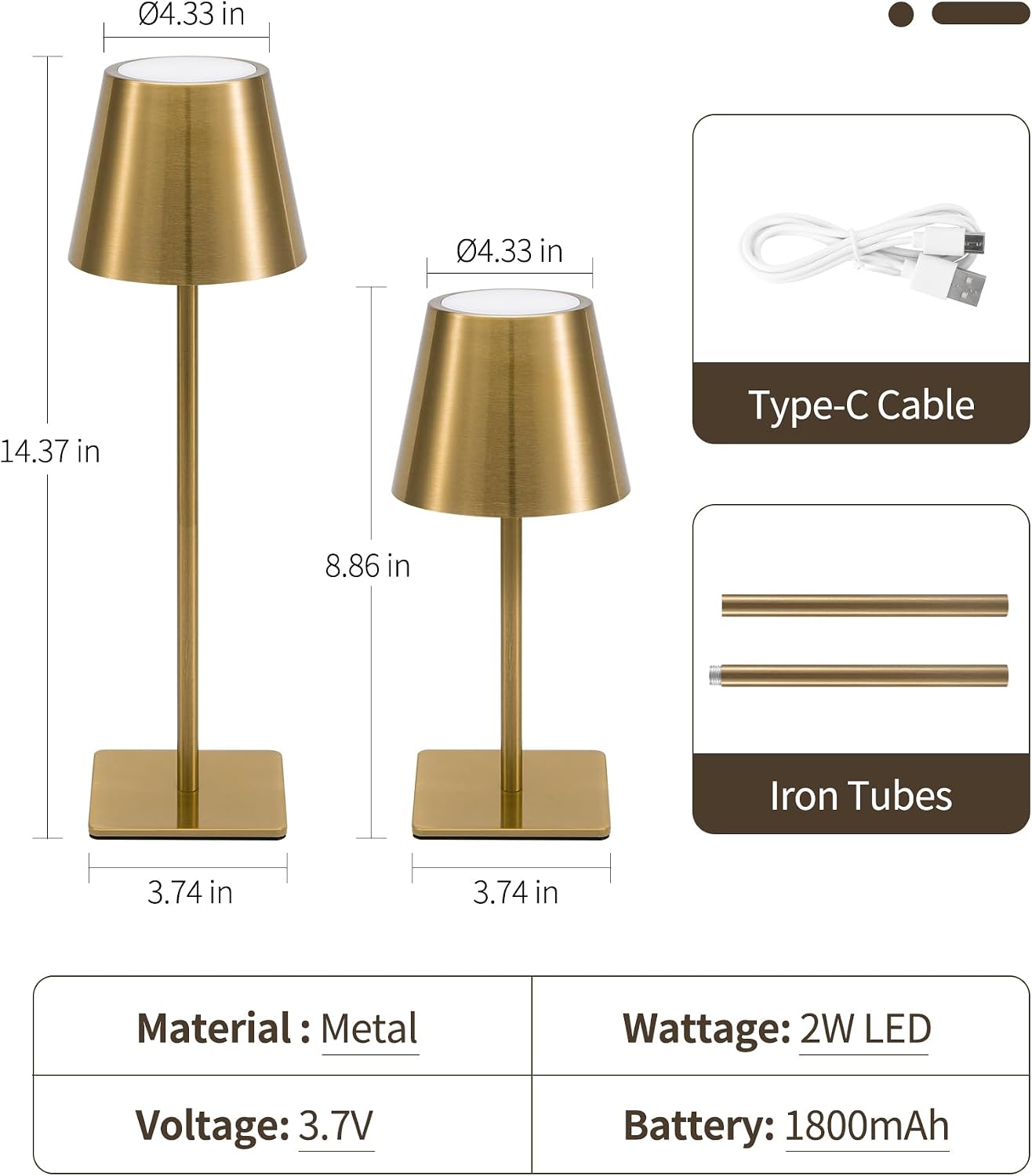 UME 3 Pack Cordless Table Lamp, Battery Operated Lamp - Portable Waterproof Rechargeable Table Lamp w/ 3 Color Temps & Stepless Dimming for Dinner, Desk, Cafe, Outdoor (Brushed Gold)