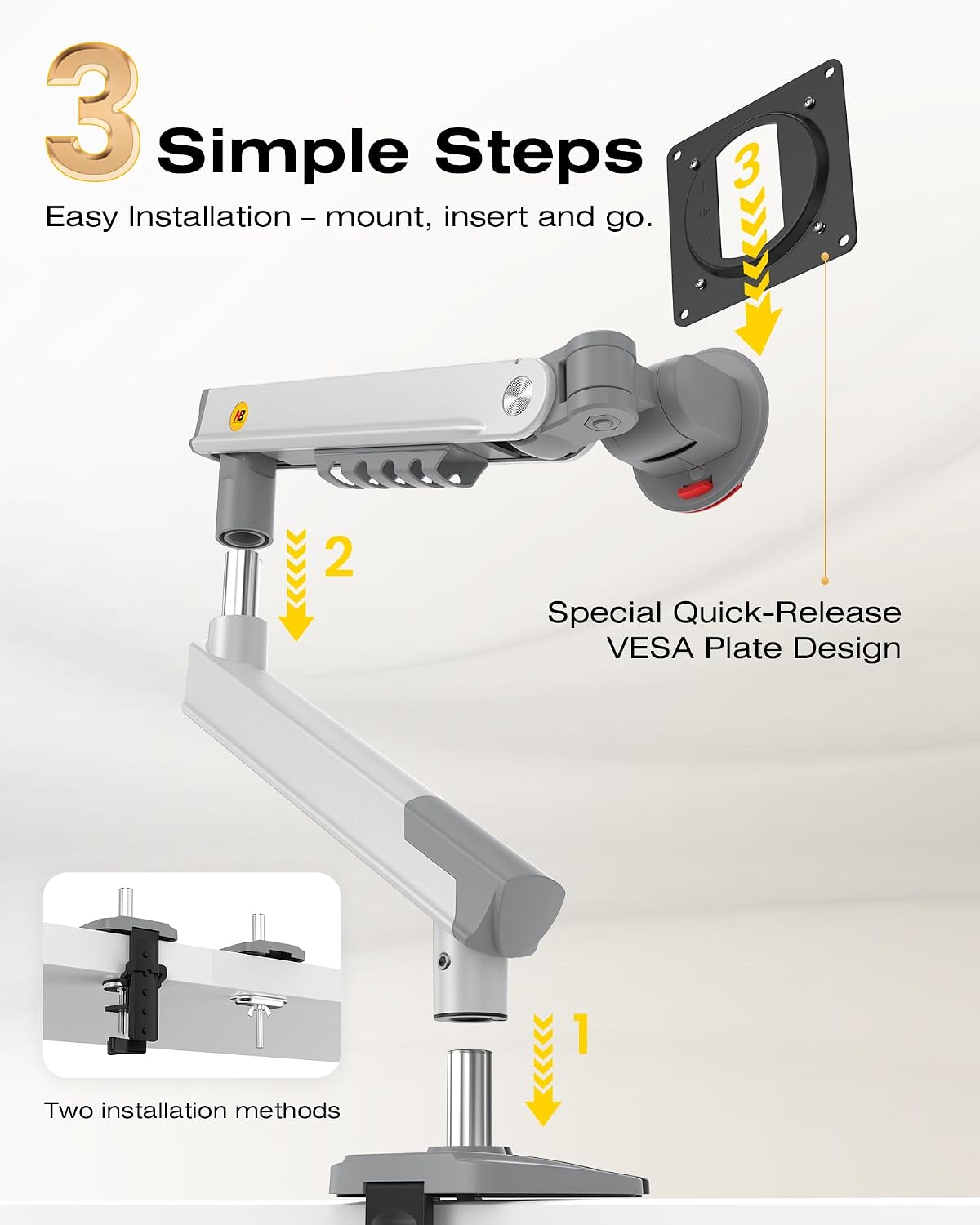 NB SmooVex™ Single Monitor Arm for Monitors 17'' to 32 inch, Mechanical Spring Mount Load up to 9 kg, VESA 75/100 mm Monitor-Mount A5 (White)