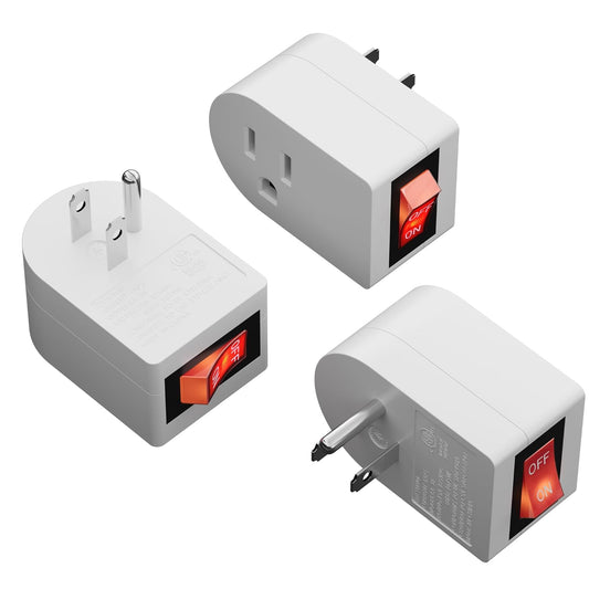 HiFind Grounded Outlet Extender with ON/Off Switch (3 Pack), 3 Prong Single Port Power Adapter, Energy & Space Saving Wall Tap Plug with Red Indicator for Light & Small Appliance, ETL, White