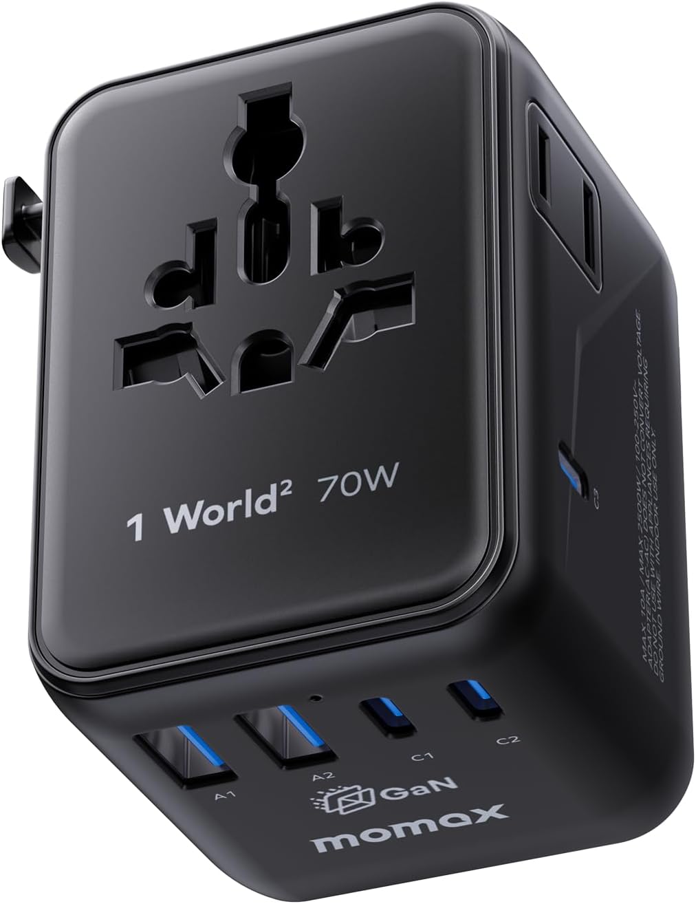 MOMAX Mini 7-in-1 Universal Travel Adapter, GaN 70W Dual AC, 3 USB-C PD & 2 USB-A QC, International Power Charger for 200+ Countries – Compact Travel Adapter for Laptop, Phone, UK/AUS/EU/JP Plug