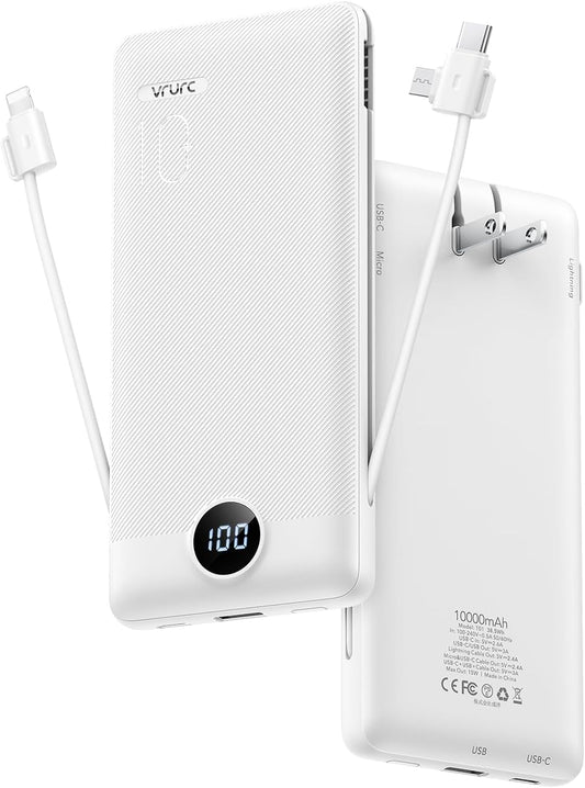 VRURC 3-in-1 Portable Charger, Built-in Cord & Foldable Wall AC Plug-White | 10000mAh Portable Power Bank, Travel Battery Pack for Smartphones, USB-C Emergency External Charger for Trip- (1 PACK)