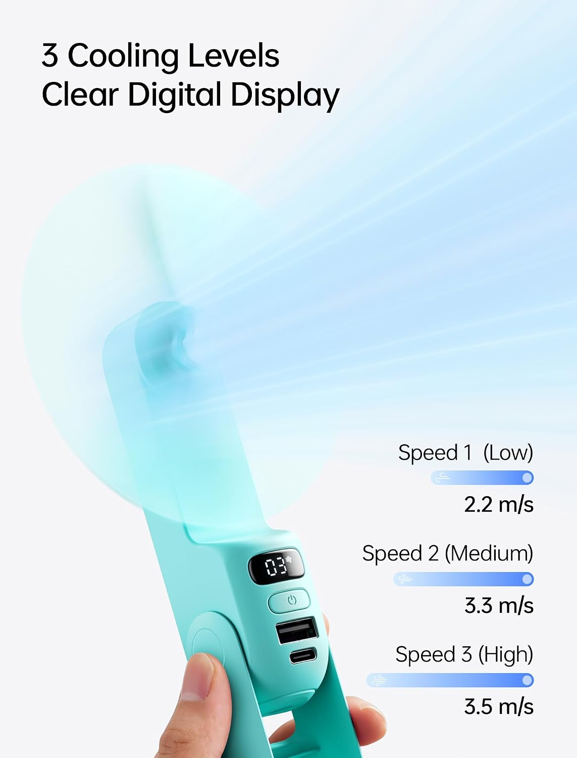 JISULIFE Portable Handheld Fan, 3 In 1-Fan, Power Bank, Flashlight, Cyan | Mini Cooling Essential for Outdoor, Small, On-the-Go Pocket Hand Design, 24 Hours, Auto Shut-Off Safety Soft Blade