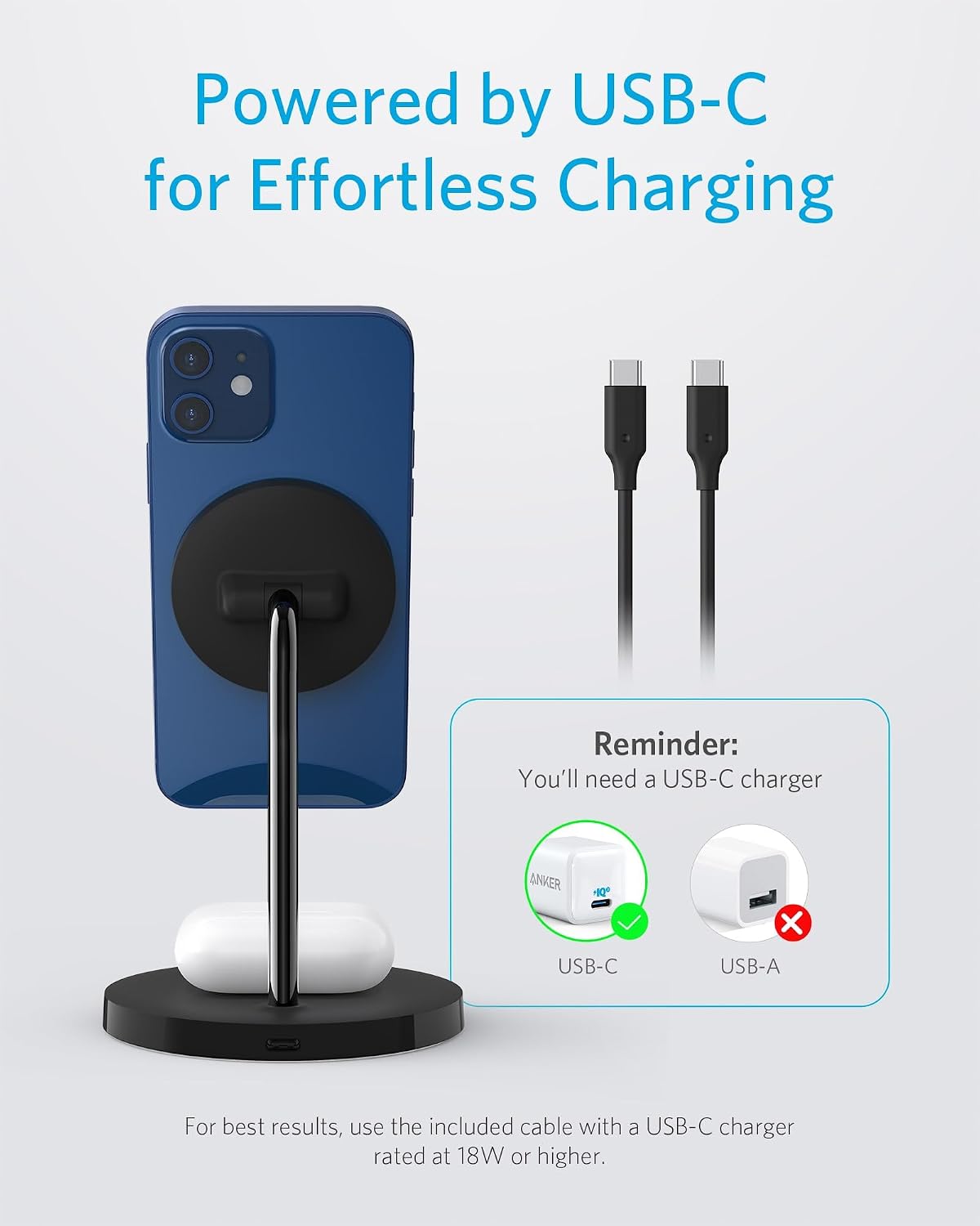 Anker PowerWave 2-in-1 MagSafe Compatible Wireless Charging Stand | Magnetic Dual-Device Dock Lite for iPhone 16 / 15 / 14 / 13 Series, AirPods 2 / Pro, and More (Adapter Not Included)