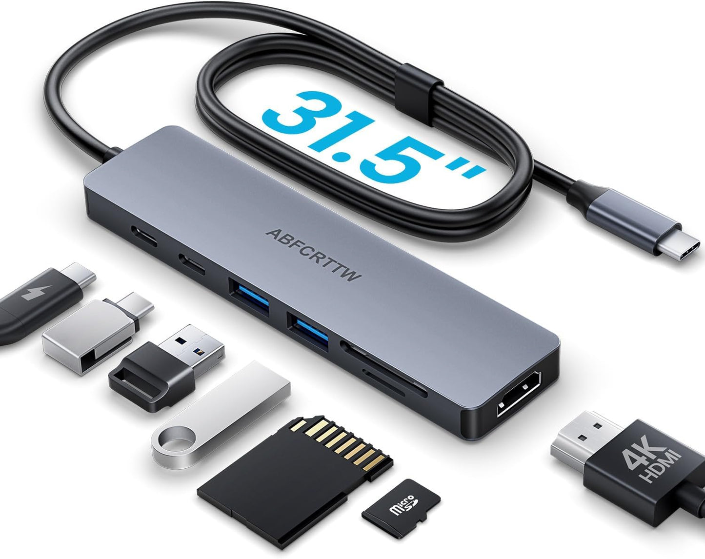 7 in 1 USB C Hub Multiport Adapter for MacBook, Laptop, iPad | USB C Docking Station with 31.5'' Cable, 4K@60Hz HDMI, 100W PD Fast Charging , 2 USB 3.0 & USB-C Data Port, SD/TF Card Reader