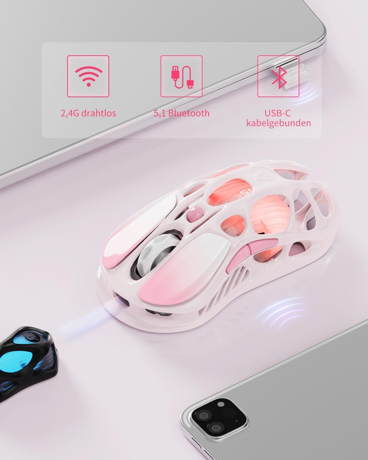 GravaStar Mercury M1 Pro Wireless Gaming Mouse, Lightweight Magnesium Alloy, 26,000 DPI, PAW3395DM Sensor, 5 Programmable Buttons, Support Wired/2.4GHz/BT, Up to 200 Hours Battery Life (Gradient Pink)