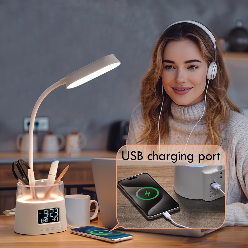 WILIT LED Desk Lamps for Home Office with Pen Holder, Table Lamp for Bedroom with USB Charging Port &amp; Clock, RGB Night Light, Study Lamp for Kids Girls, Desk Light for College Dorm Room Essentials