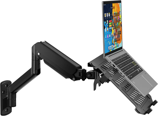 WALI Laptop Wall Mount for 17" Notebook and Up to 32" Screen | Full Motion Adjustable Monitor Wall Arm with Laptop Tray, VESA 75x75/100x100mm, Up to 15.4-22 Lbs (GSWM001LP), Black