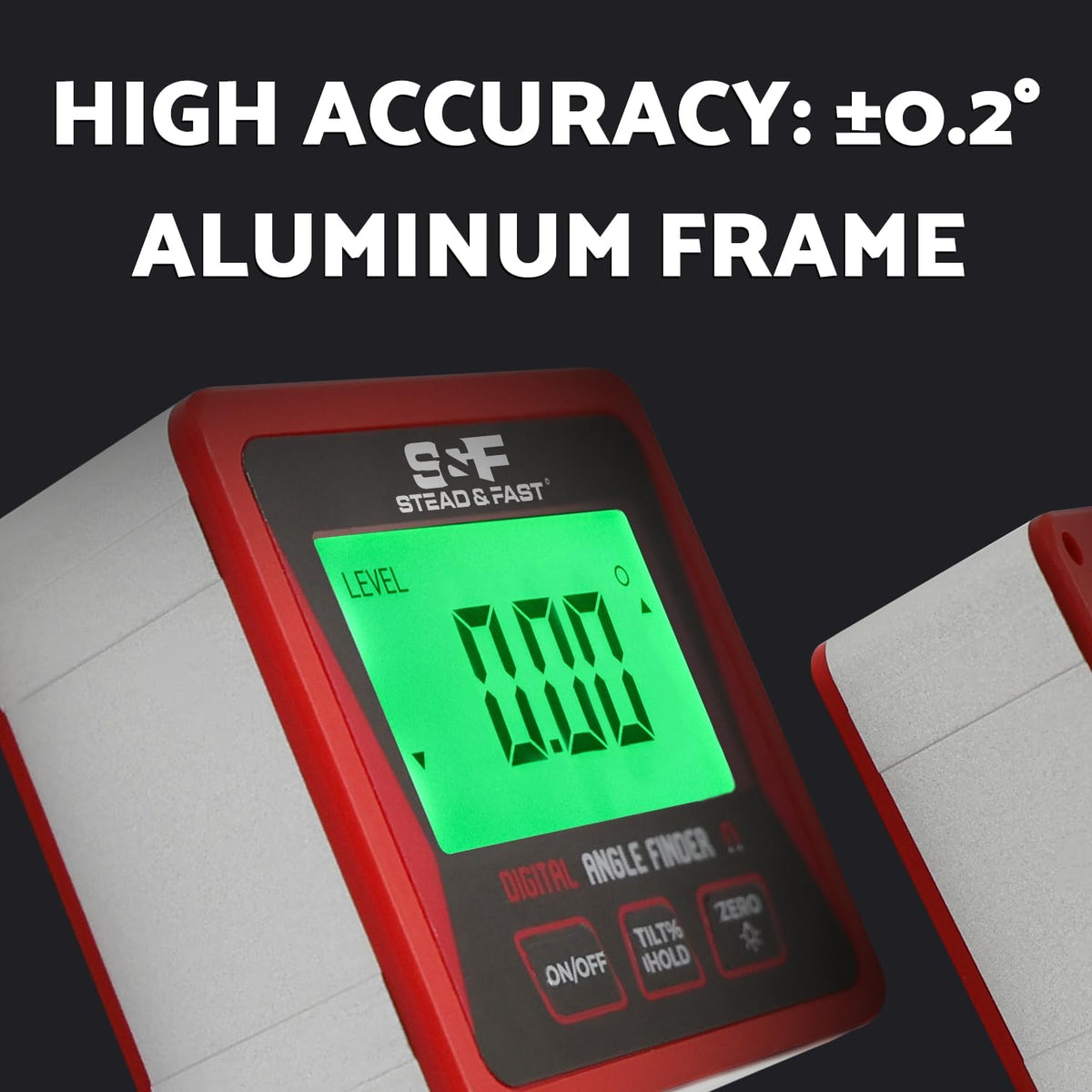 S&F STEAD & FAST Digital Angle Finder Magnetic with Case & Backlit LCD | Self-inverting display, ±0.2° accuracy, Absolute & Relative, Hold & Zero, Auto-off, for Woodworking, Plumbing & Construction