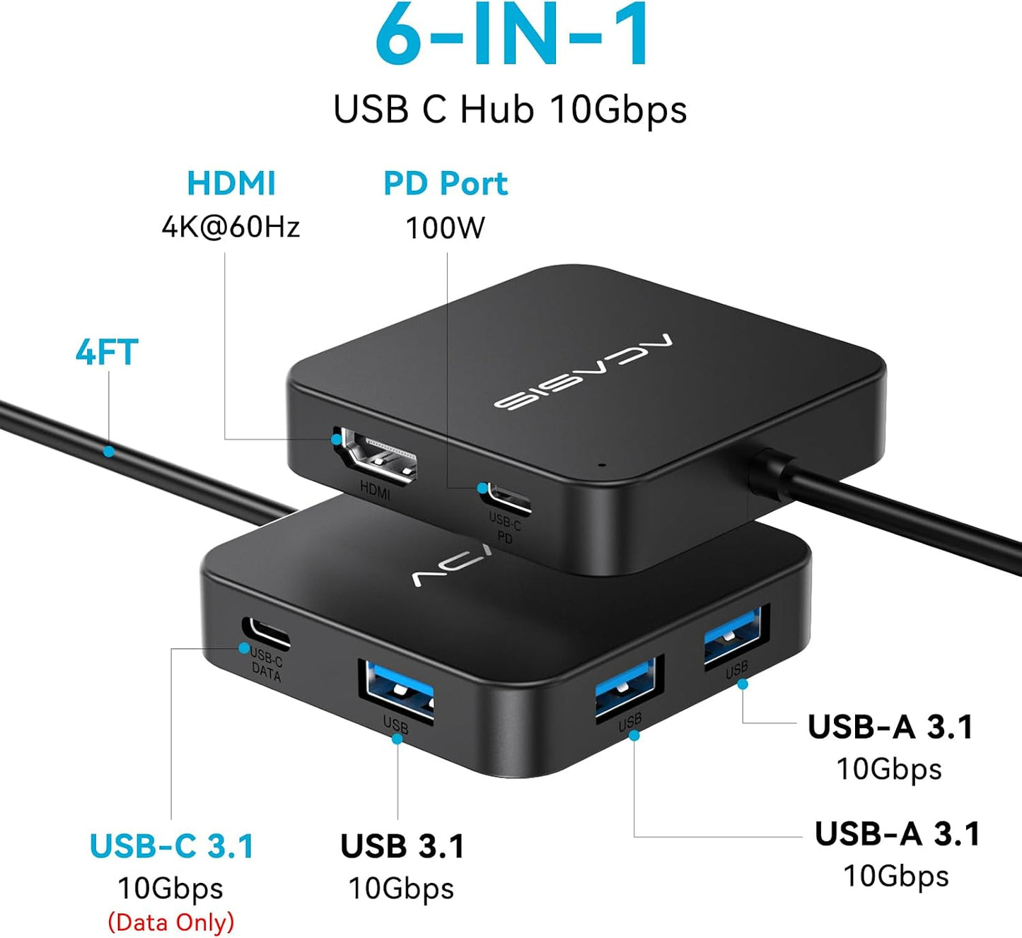 ACASIS USB C Hub Long Cable 4FT,10Gbps Multiport Adapter with 4K 60Hz HDMI | 100W Power Delivery, 3 USB A3.1+1 USB-C 3.1 Data Port, USB C to HDMI Adapter for MacBook, Dell, Lenovo, Surface, iPad PRO