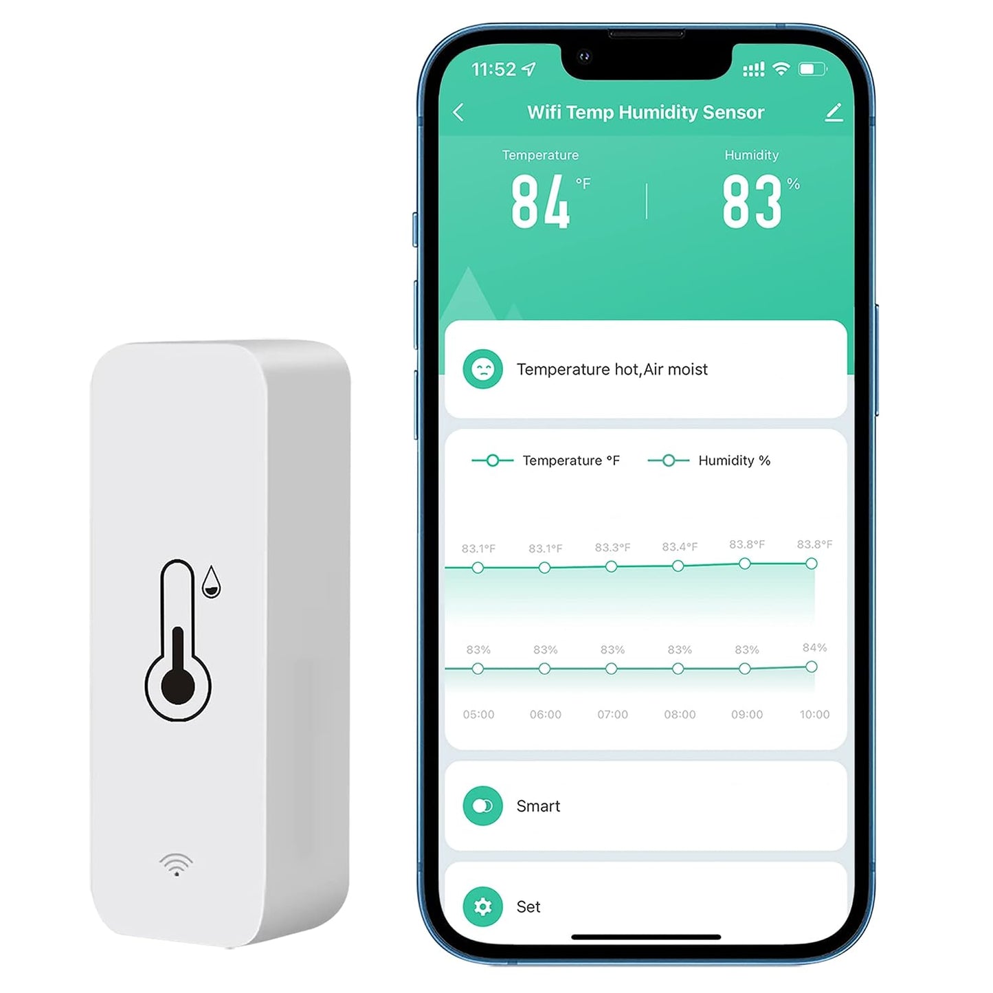 WiFi Thermometer Hygrometer Sensor, Wireless Temperature and Humidity Sensor for Indoor and Outdoor Use with Remote App Notification Alarm, Works with The Tuya App (1 Pack)