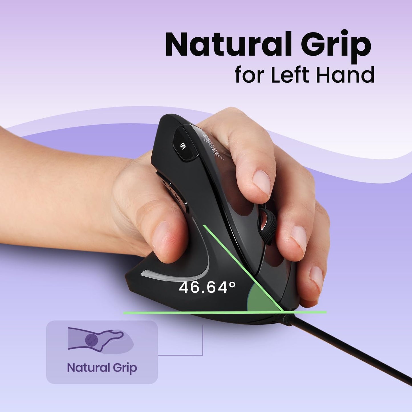 Perixx Perimice-513L Wired Vertical Ergonomic Mouse with 2 DPI, 6 Button Optical Ergo Mouse with 2 Level DPI Switch 1000 1600, Left Handed, Black