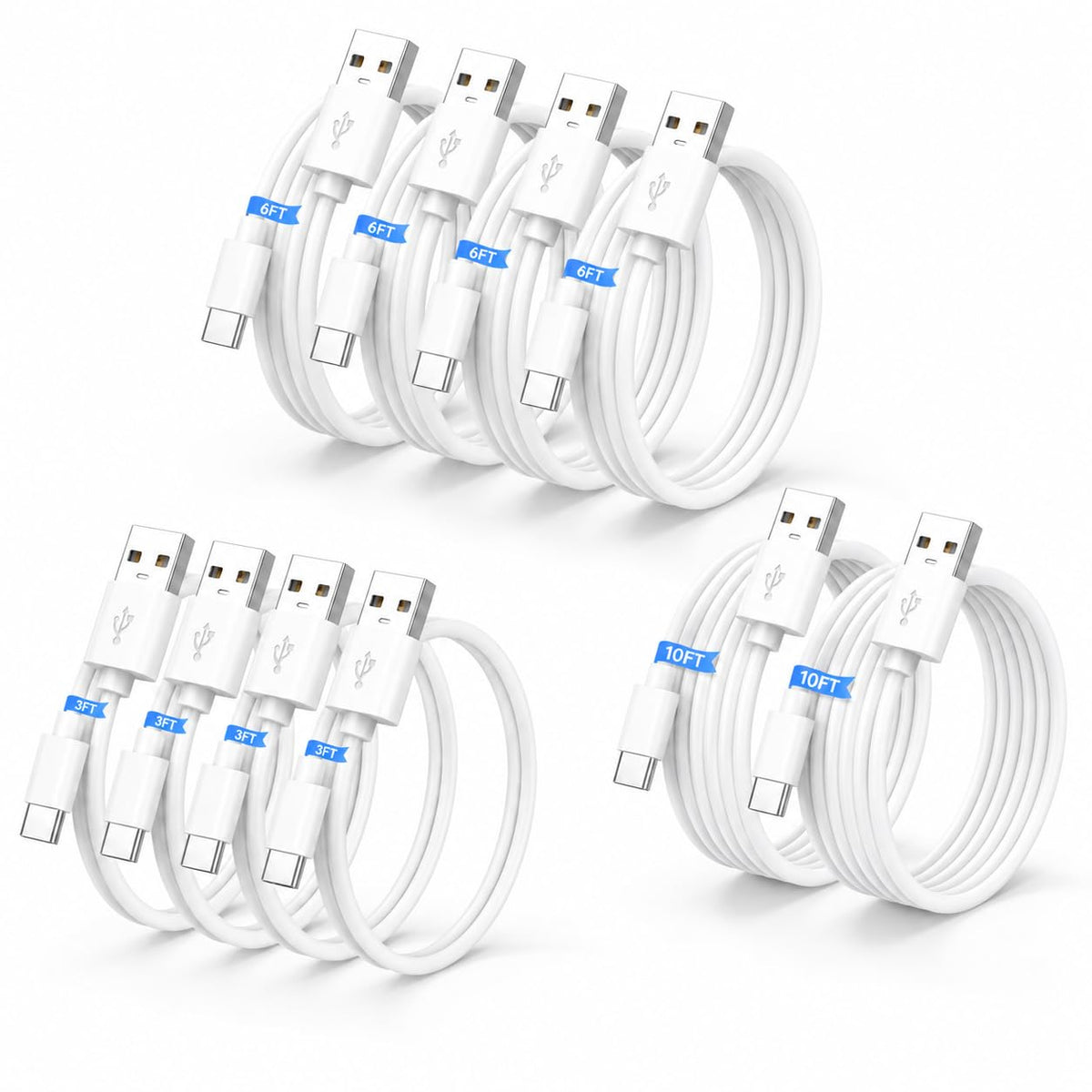 USB A to USB C Cable, USB to USB C Cable 10Pack (3/3/6/6/10FT)*2, White