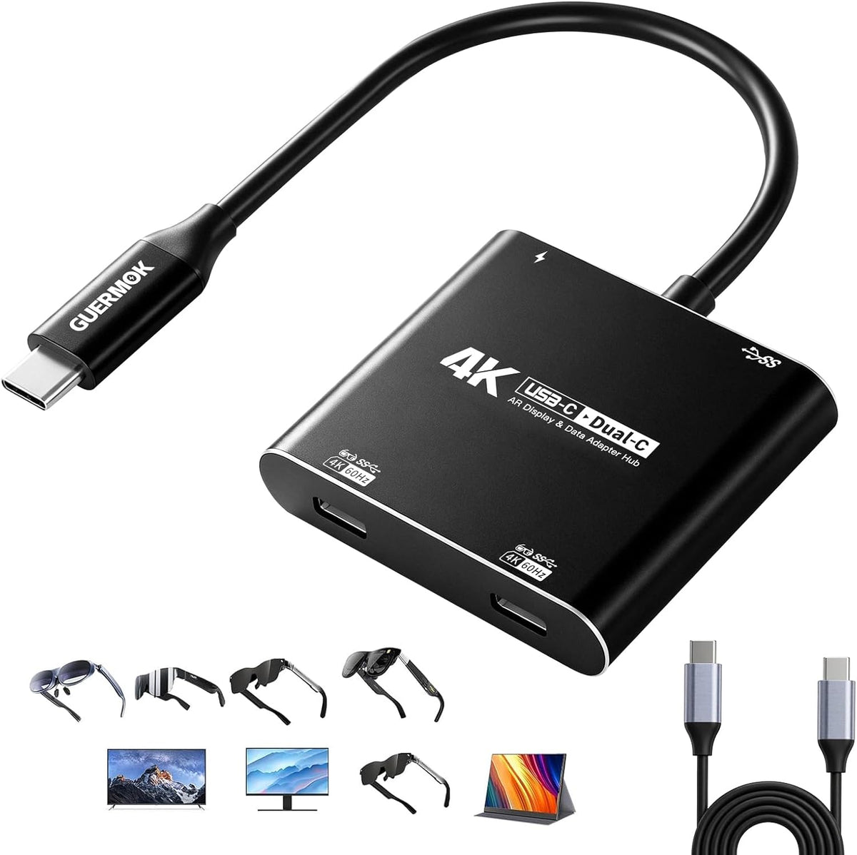 Guermok 4-in-1 Dual USB-C Display Hub, 4K@60Hz Video Output, AR Glasses Hub