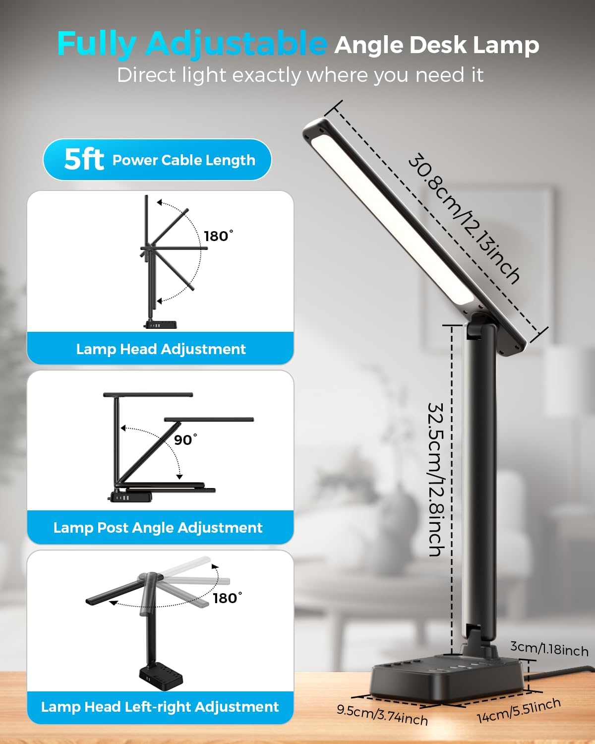 LED Desk Lamp with Power Strip, 3 AC Outlets, 4 USB Ports, Stepless Dimming | 2800K-6500K Color, 2 USB-C, Foldable Design, Timer & Memory, Study, Home Office & College Dorm
