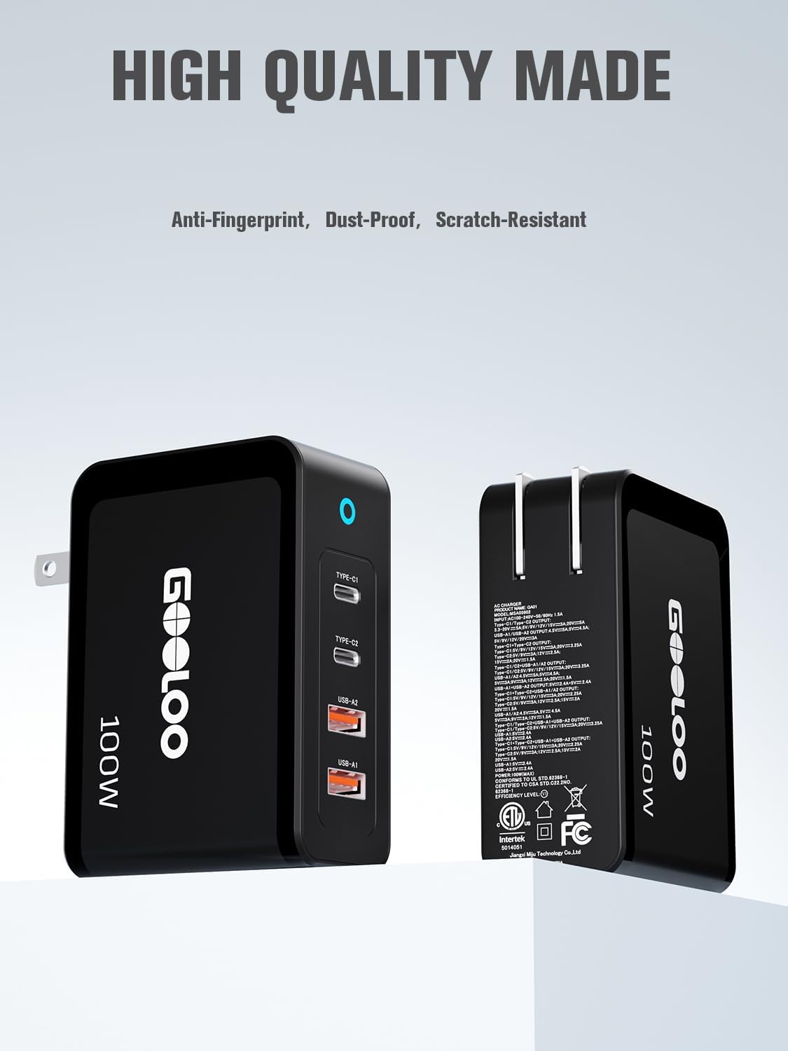 GOOLOO 100W USB C Charger Block - 4-Port Foldable Compact Fast Wall Charger | For MacBook Pro/Air/iPad/iPhone Series and More - SuperSafe Power Adapter for GT3000/GT4000S/GT6000/A7 Jump Starters