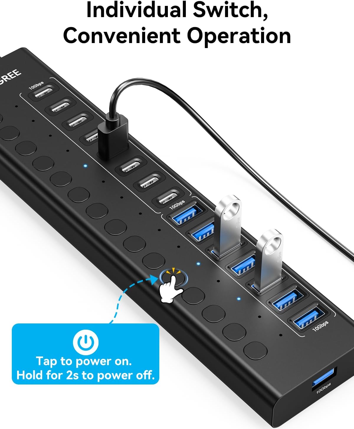 VANGREE Powered USB Hub,16 Ports 10Gbps USB C Hub, 8*USB-A 3.2+8*USB-C 3.2