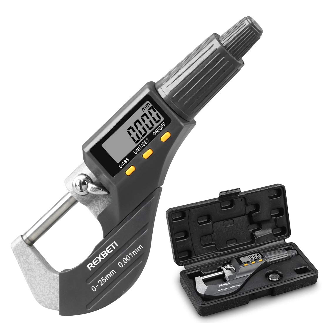 REXBETI Outside Micrometer, Ultra-Precision Carbide Tipped Measuring Tool | Digital Micrometer, Professional Inch/Metric, 0.00005"/0.001 mm Resolution Thickness Gauge, Protective Case, Extra Battery