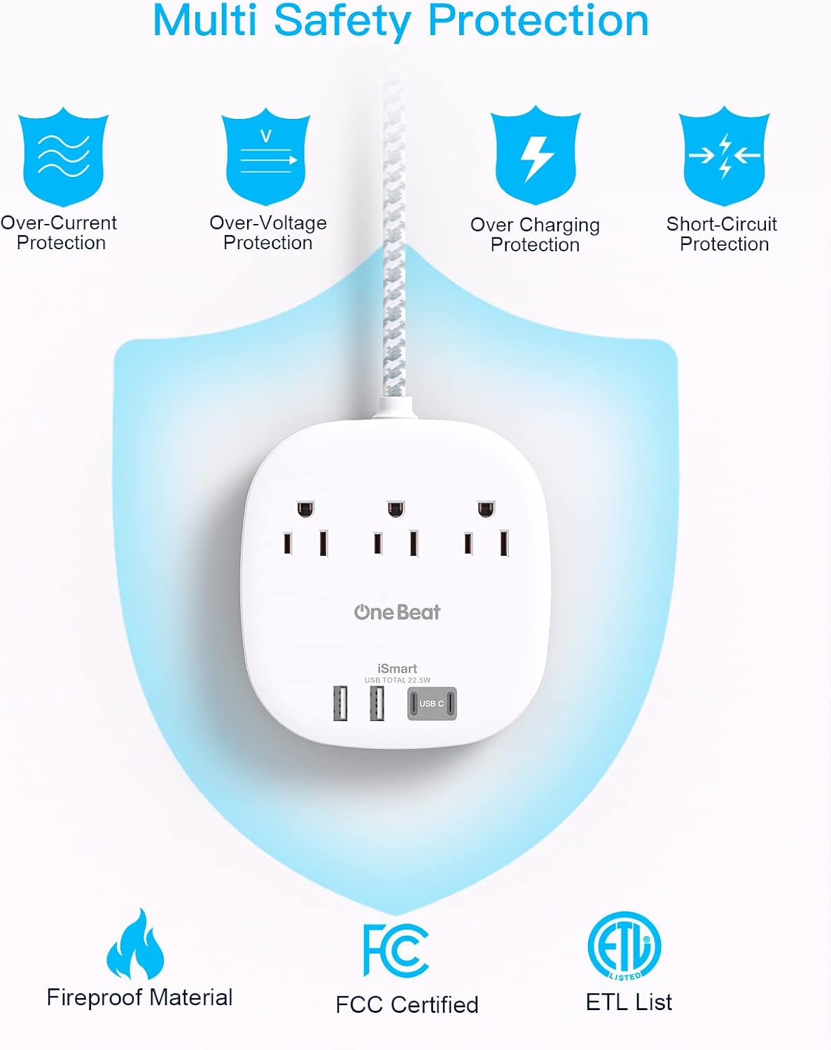 Travel Essentials, 22.5W/4.5A Flat Plug Power Strip, 6 Ft Extension Cord | 3 Outlets 4 USB Ports(2 USB C) Desktop Charging Station, Power Strip No Surge Protection for Cruise Ship, Dorm Room