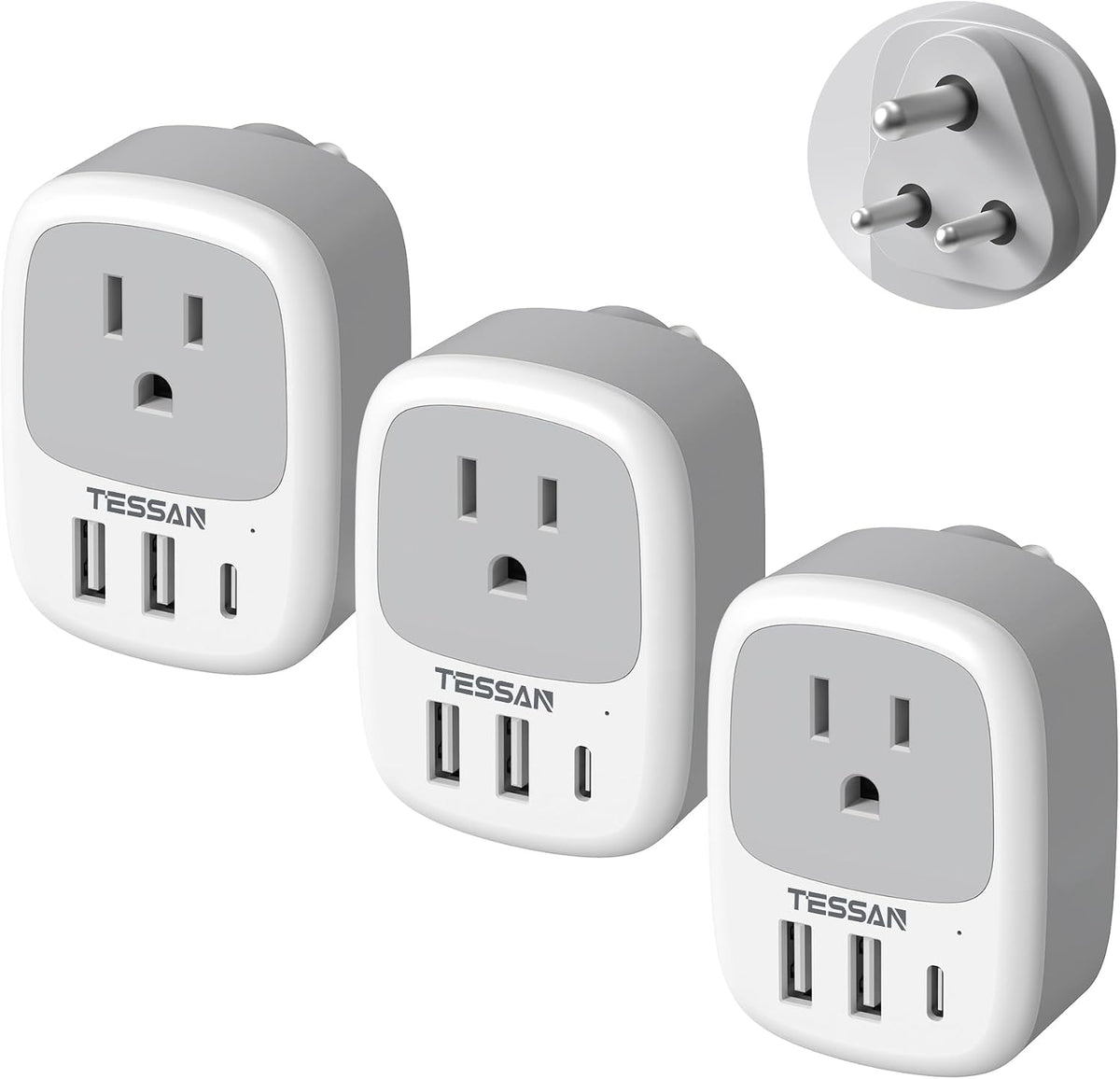 TESSAN US to UK Plug Adapter, Type‑G Adaptor 3‑Pack | 3 USB Ports (1 USB‑C), for Ireland Scotland Dubai Hong Kong Kenya London England