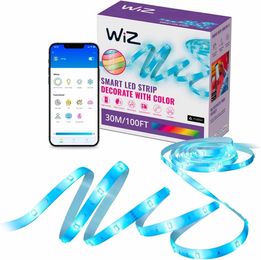 WiZ Connected Smart Light Strip - Sunset to Sunrise Automation + Preset Light Modes + Control with Voice or App, Full Color RGB, 100 ft Cut to Fit