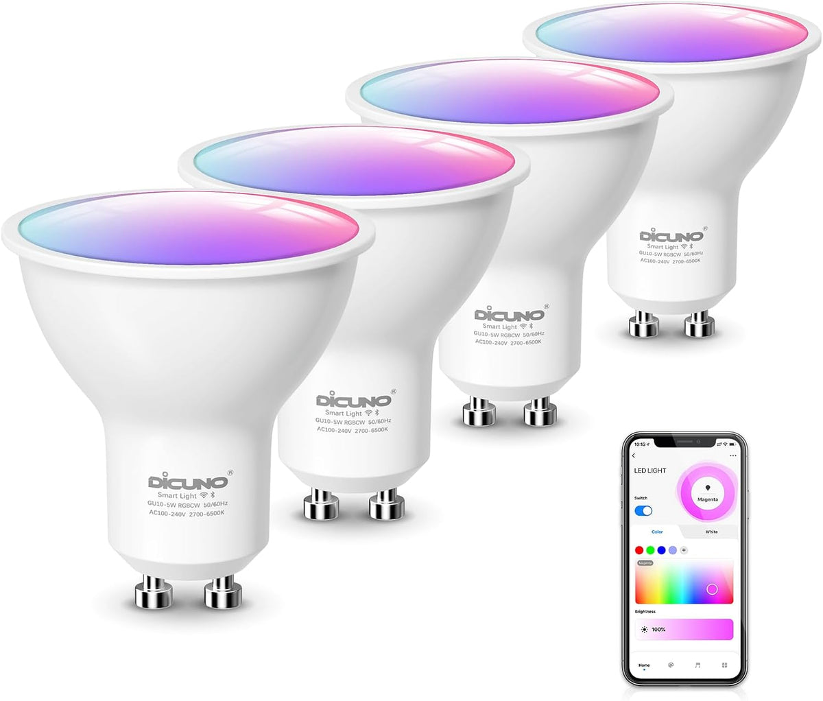 DiCUNO GU10 Smart LED Bulb, Color Changing, 50W Equivalent, 450LM, 4-Pack