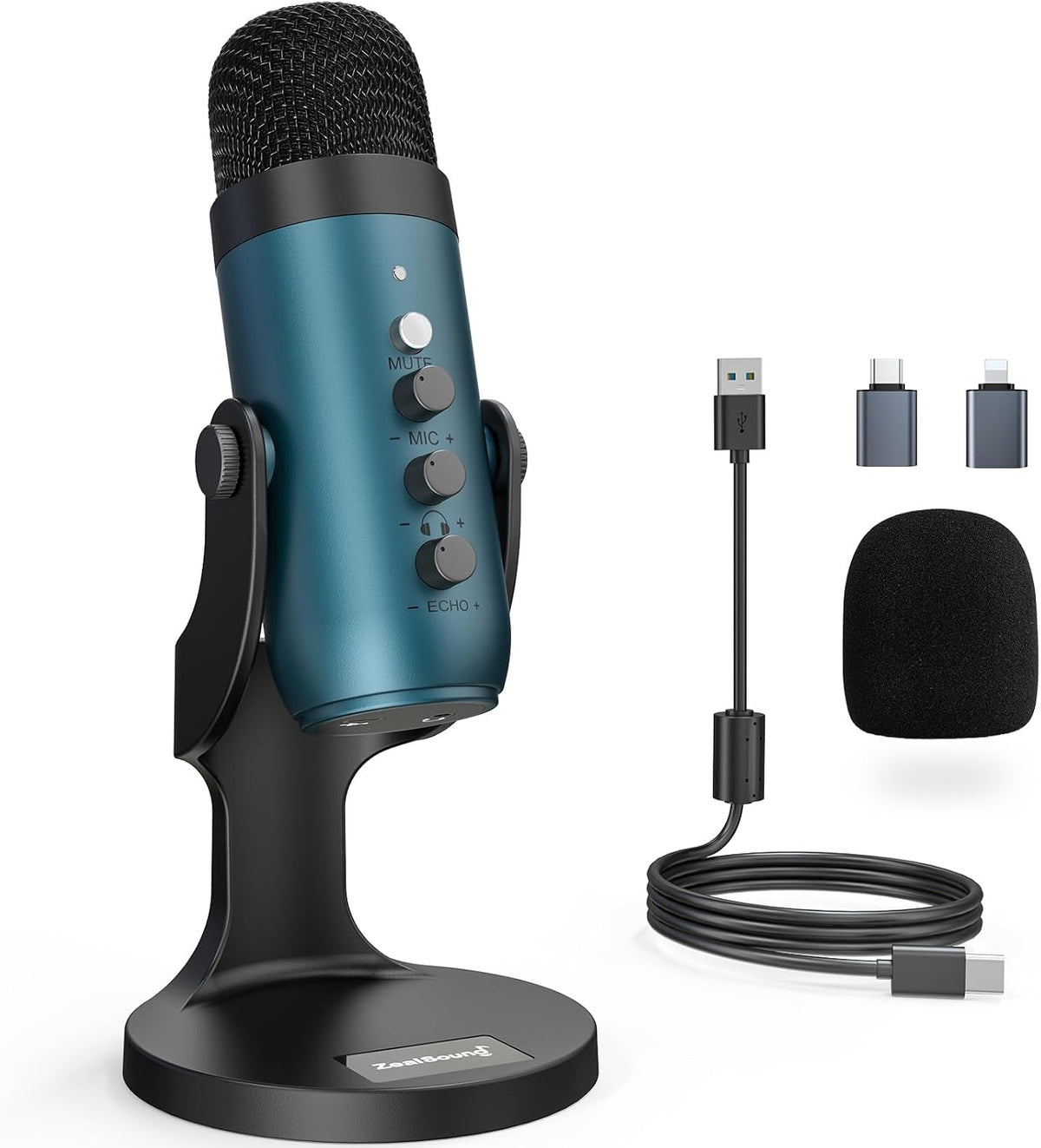 ZealSound Podcast Microphone for PC, Noise Cancellation USB Mic with Gain, Volume Adjustment & Mute Button, Monitoring & Echo, for YouTube, TikTok, Podcasting, Streaming, iPhone, iPad, Android(Teal)