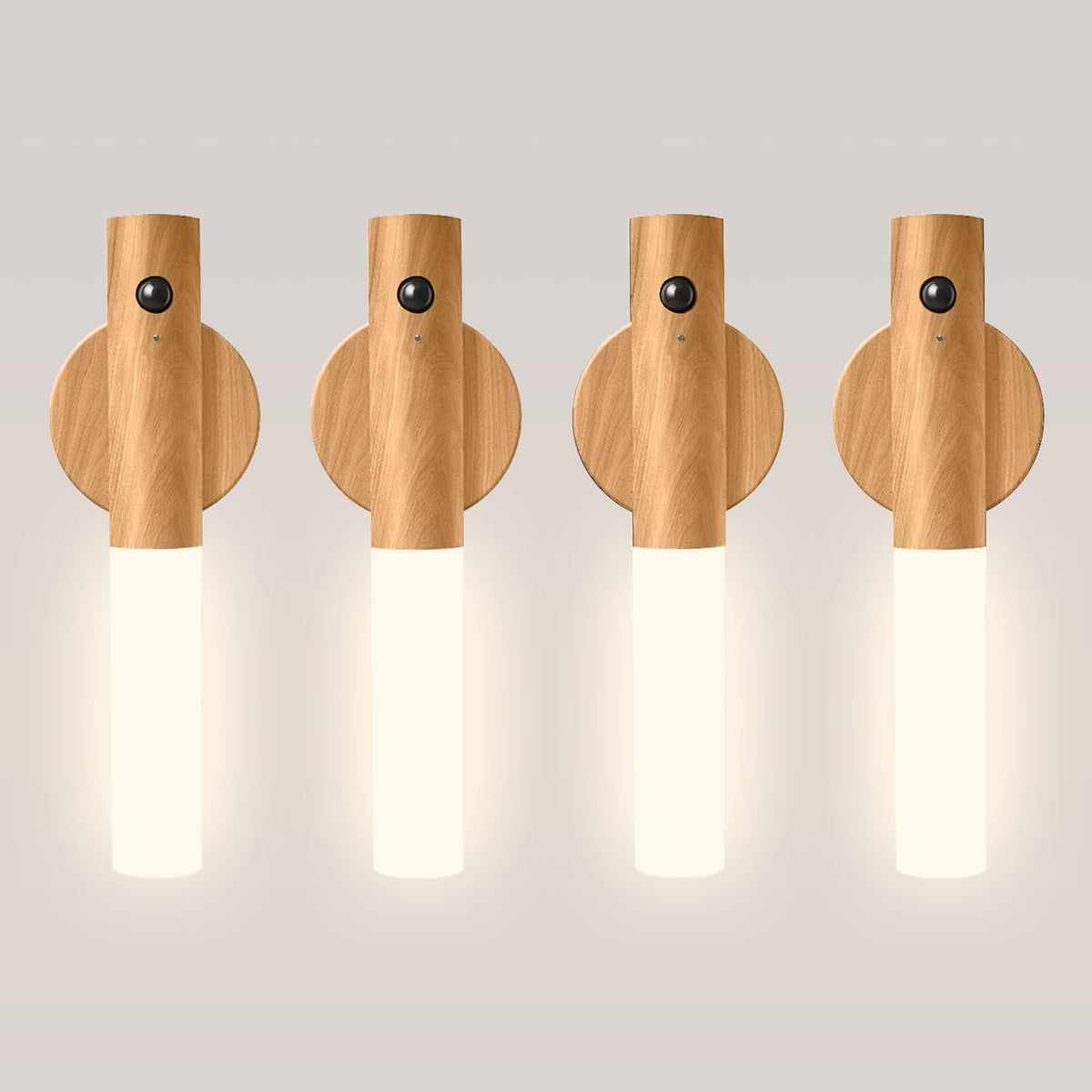 Motion Sensor Night Lights – 4 Pack Rechargeable Magnetic LED Sconces for Bedroom, Hallway & Picture Lighting + 4-in-1 Charging Cable (Oak Yellow)