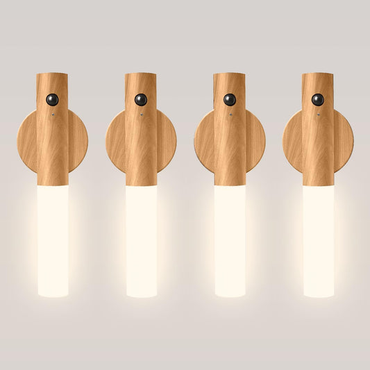 Motion Sensor Night Lights – 4 Pack Rechargeable Magnetic LED Sconces for Bedroom, Hallway & Picture Lighting + 4-in-1 Charging Cable (Oak Yellow)