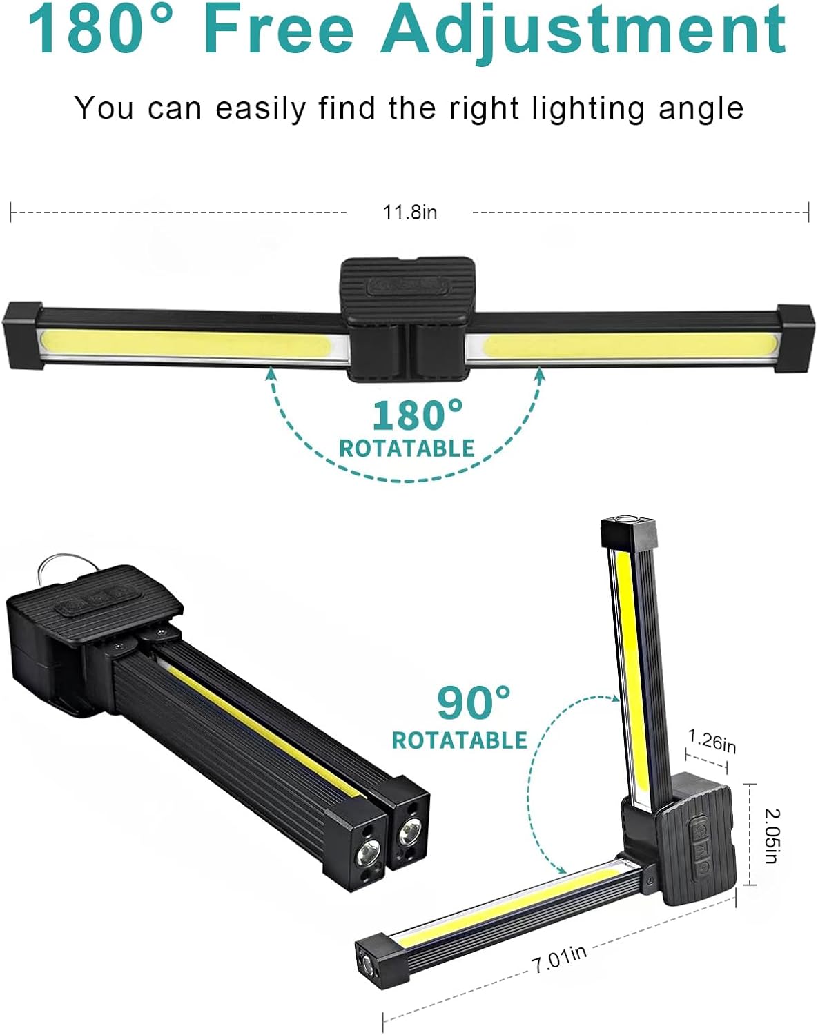 Gym Lamp, Portable Gym Lighting for Posing, Magnetic Work Light Rechargeable, 180°Rotate Foldable Camping Lamps with Hang Hook, Hiking Handheld LED Flashlight - Black