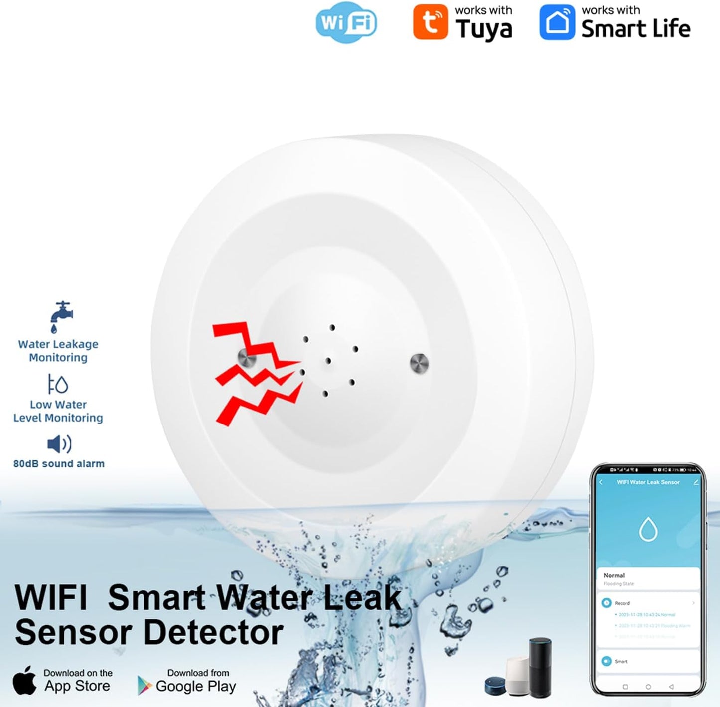 WiFi Water Ieak Detector: Smart Water Ieak Sensor with 80dB Alarm and App Alerts, Wireless Water Sensor with App Remote Control, Water Alarm for Home, Laundry, Kitchen, Basement