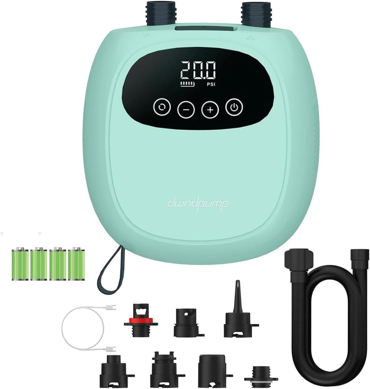 dwndpump Paddle Board Electric Pump, Rechargeable Battery-Powered Auto-Off | 20 PSI Portable Cordless Dual-Stage Inflation/Deflation, with 7 Valve Adapters, Inflatables for Kayaks, Wind Wings, SUPs
