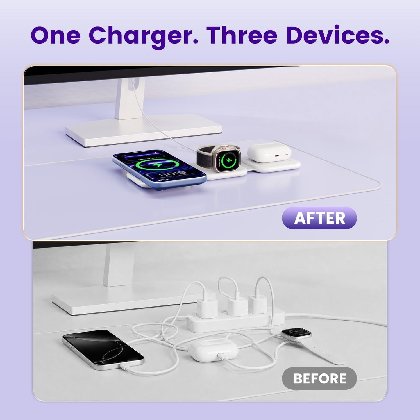 15W Magnetic Travel Charging Station, 3-in-1 Foldable MagSafe Charger | Wireless Charger for Apple Multiple Devices - iPhone Air 17 16 15 14 13 12 Pro Max, Watch & AirPods - Slim Portable, White