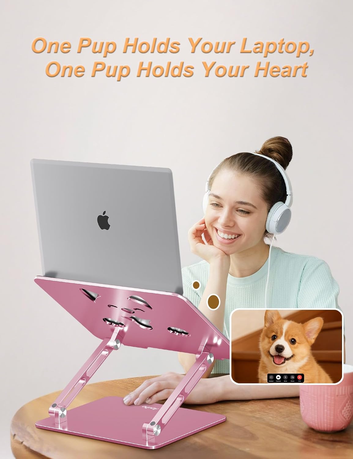 Aoviho Aluminum Laptop Stand for Desk Fit for All 10"-17.3" Laptops, Pink | Height-adjustable Notebook Holder, Ergonomic Computer Riser with Unique Puppy Cooling Vent, for Mac, Dell, Lenovo, HP
