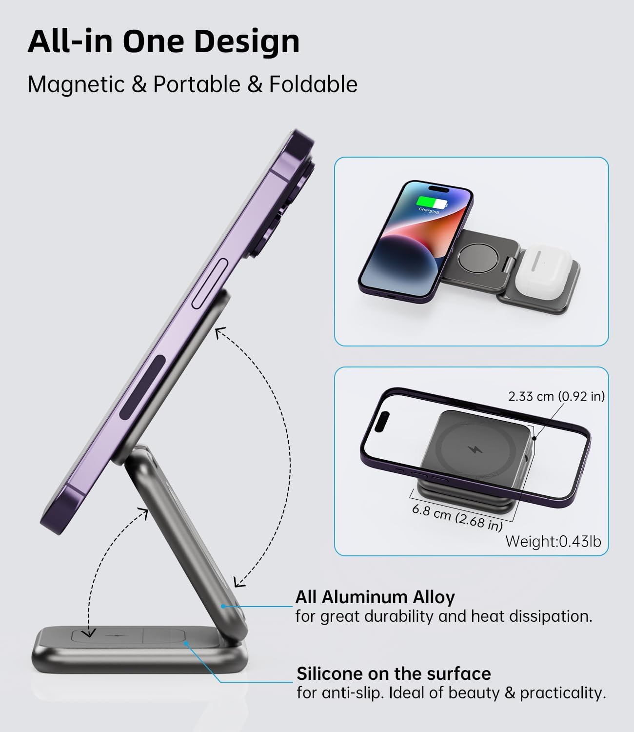 KU XIU Foldable 3-in-1 Magnetic Wireless Charging Station for Apple Devices | Aluminum Alloy Compact Design, Foldable Travel Charger Stand with 20W Adapter for iPhone 17-12, 5W for Apple Watch & AirPods