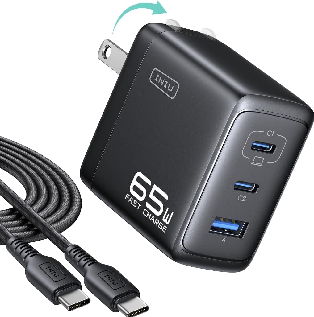 INIU 65W USB C Charger, 3-Port GaN Fast Charging Block with 5ft 100W Cable | Advanced Protection, Foldable Travel Charger, GaN Tech, 3-Port, Adapter for MacBook Pro Air Neo Laptop iPhone 17 Samsung etc