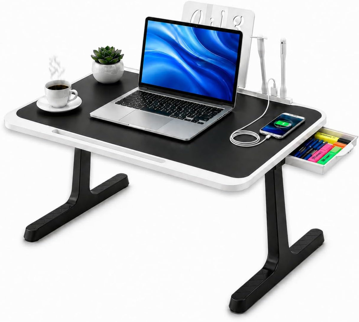 USB-C LED Light Foldable Lap Desk with LED Lamp, Cooling Fan & Book Stand — Portable Bed Laptop Table with Side Drawer, Phone & Tablet Holder, Fast Charging Port
