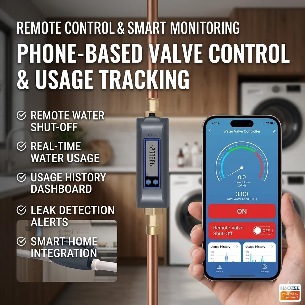 Haozee WiFi Smart Water Valve and Auto Shut-Off | Ultrasonic Flow Detection,Customizable High/Low Flow Alerts, With Wifi Water Sensor,For 3/4" Diameter DN20 Pipe