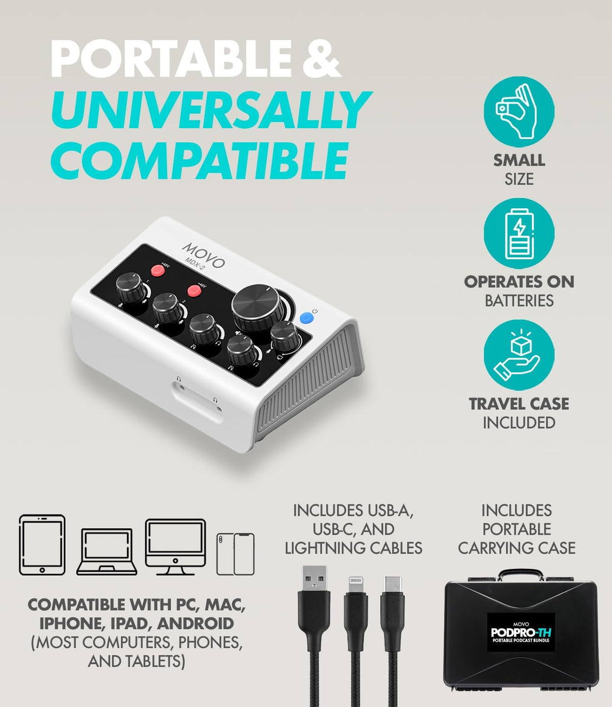 Movo Portable Podcast Equipment Bundle for iPhone/Android Phones- Podcast Kit with Audio Interface, 2 CastMic Dynamic Mics, 2 Stands - For Smartphones, Computers (with Desk Stands and Headphones)